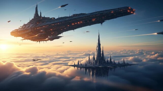 Futuristic spaceship hovering over a cloud city at sunset.