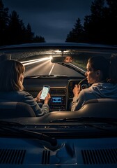 Two women driving at night