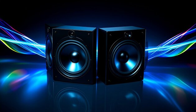 Two black speakers with vibrant blue and green light trails emanating from behind them, creating a dynamic and energetic audio visual experience - Powered by Adobe
