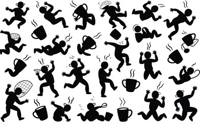 Funny coffee chaos scene, people with mugs, hot drink accidents, humorous cartoon spills, caffeine panic illustration, silhouette vector design, quirky coffee mishap clipart