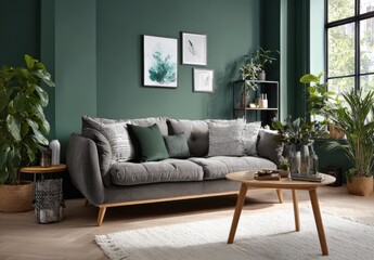 Fototapeta premium Gray Sofa in Modern Living Room with Dark Green Walls and Lush Greenery