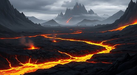 Lava Flowing Through Volcanic Landscape.