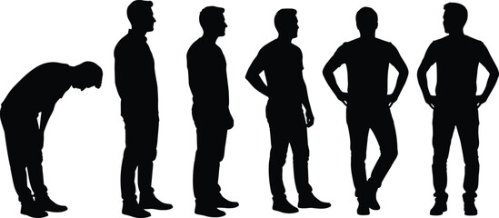 Silhouettes of person in various postures, body stance, ergonomic study, physical health, standing positions, gesture analysis, human form