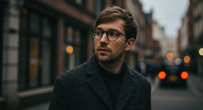 Stylish young man wearing glasses and dark coat on city street background at dusk with blurred lights and urban atmosphere, fashion and lifestyle concept