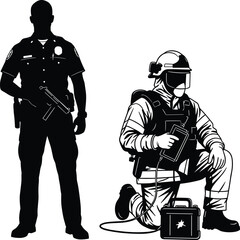 Silhouettes of police officer, bomb disposal expert, protective gear, uniform, emergency response, law enforcement roles, safety equipment, black contour, teamwork