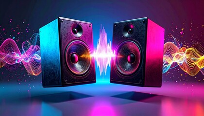 Energetic display of audio frequency with stereo speakers and vibrant glowing soundwaves in a futuristic setting