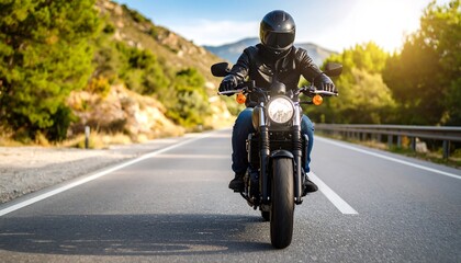 Motorcycle rider cruising on scenic road surrounded by lush greenery landscape