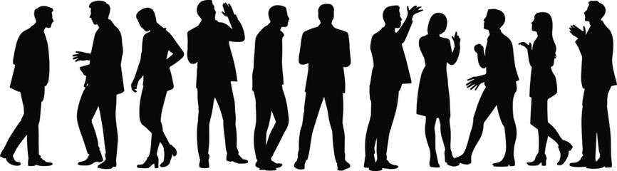 Group of business people silhouette, professional team communication, business meeting discussion, corporate colleagues talking, teamwork collaboration