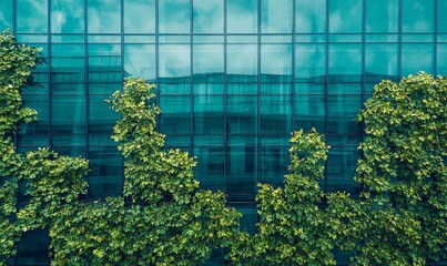 Glass skyscraper facade reflects green leaves symbolizing the integration of environmental sustainability into corporate impact investing practices The image highlights the fusion, Generative AI