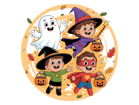 Children In Halloween Costumes Trick Or Treating kids isolated on a transparent background