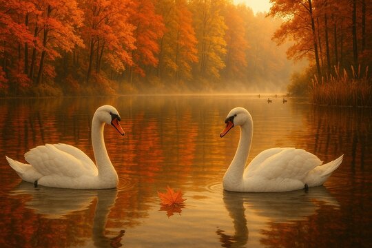 Pareja de cisnes sobre un lago reflejando colores oto&ntilde;ales, con hoja flotante y atm&oacute;sfera serena al amanecer
