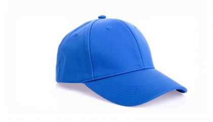 Blue baseball cap with curved brim on white background.