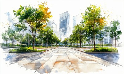 Green urban planning sketch showing an empty city park with trees and a serene peaceful atmosphere This image emphasizes the importance of green spaces in urban environments, Generative AI