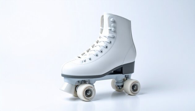 White quad roller skates with black heels and toe stops on white background.