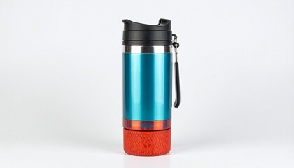 Metallic blue travel mug with red grip and black lid on white background.