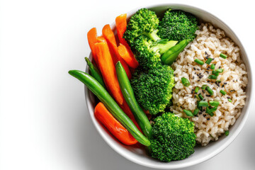Steamed vegetables and brown rice on light background, clean minimalist style, concept of simple balanced diet