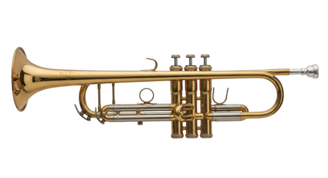 Acoustic Brass Instrument with Three Valves and Shiny Metal Finish Isolated on Black Background for Music Performance and Practice