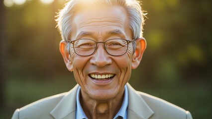 Smiling senior Asian man with gray hair and glasses outdoors, wearing suit jacket and shirt, joyful expression under warm sunlight, healthy aging lifestyle portrait, concept of happiness, positivity, 
