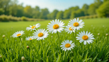 Beautiful daisies flourish in a sunlit field, a perfect scene of natural serenity.