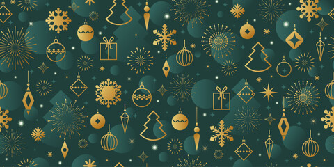 Christmas design. Abstract geometric trees, baubles, fireworks, snowflakes with foil gold gradient. Endless repeat design.