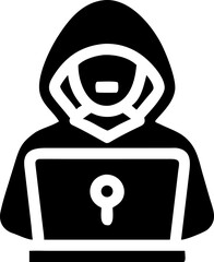 Stylized icon of a person in a hoodie using a laptop representing technology and cybersecurity