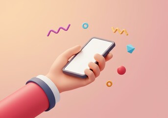 3D Illustration of a Hand Holding a Smartphone Surrounded by Colorful Abstract Shapes, Modern Digital Technology Concept with Blank Screen