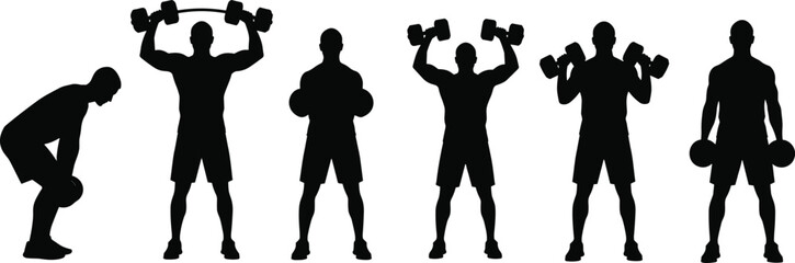 Silhouettes of weightlifting exercises, squatting pose, barbell lift, dumbbell training, strength workout, fitness routine, black contour, gym movement