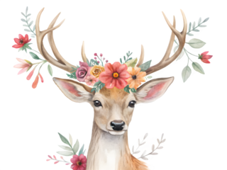 Whimsical deer with floral antlers and black background