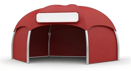 Modern Red Dome Kiosk with Blank White Signboard on Isolated Background.