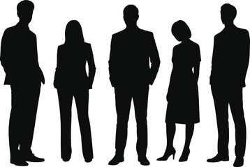 Silhouettes of five business people, professional team standing, corporate group pose, male and female silhouettes, formal attire, confident posture, teamwork concept, black vector image