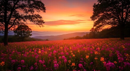 Sunrise over a Colorful Flower Field.