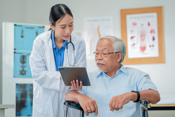 Female doctor examines senior male patient through comprehensive geriatric assessment. Healthcare professional demonstrates age appropriate medical care with patient-centered consultation 