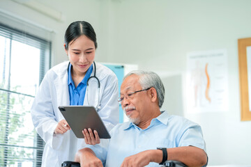 Female doctor examines senior male patient through comprehensive geriatric assessment. Healthcare professional demonstrates age appropriate medical care with patient-centered consultation
