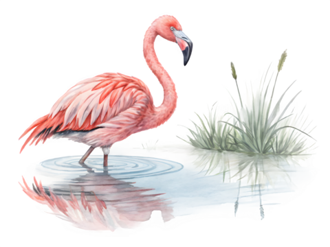 Elegant pink flamingo standing in water with reflection and reeds