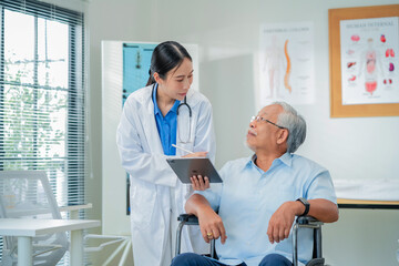 Female doctor examines senior male patient through comprehensive geriatric assessment. Healthcare professional demonstrates age appropriate medical care with patient-centered consultation 