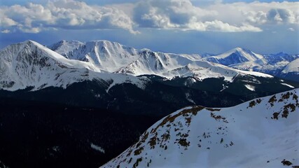Rocky Mountains Quandary peak Montezuma Deer Creek aerial drone Colorado Breckenridge Bald Mountain Boreas Pass summit county snow covered winter spring afternoon backcountry blue sky clouds pan left - Powered by Adobe