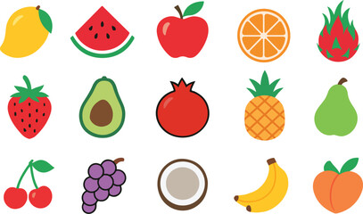 Colorful Fruit Icon Set. Vector Illustrations of Fresh Fruits for Food and Drink Design.