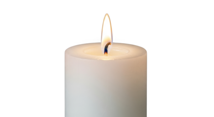 A single white pillar candle burns brightly with a warm yellow flame against a stark black background creating a peaceful and serene atmosphere ideal for meditation or quiet reflection