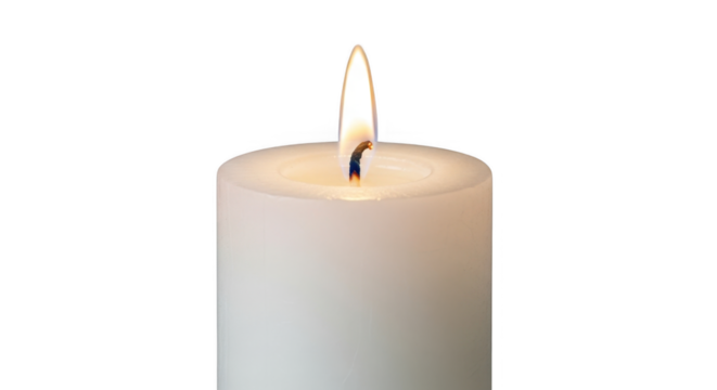 A single white pillar candle burns brightly with a warm yellow flame against a stark black background creating a peaceful and serene atmosphere ideal for meditation or quiet reflection