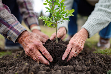 Elderly couple planting trees together in a community park, symbol of legacy and environmental care