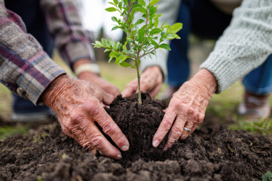 Elderly couple planting trees together in a community park, symbol of legacy and environmental care