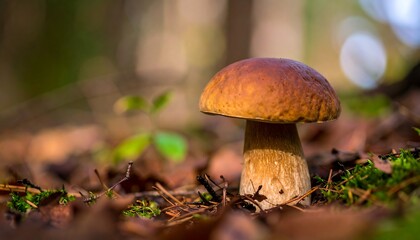 Forest Floor Mushroom Closeup Autumn Sunlight