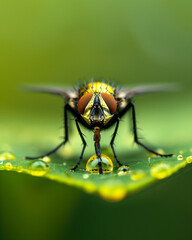 Naklejka premium Ultra macro photograph of a fly on a green leaf with water droplets, vivid detailed image