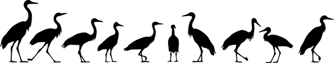 Heron and Crane Silhouettes in Various Poses