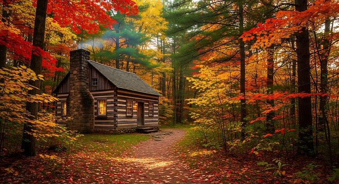 Autumn Cabin in the Woods.