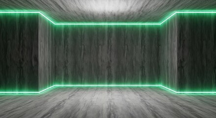 Modern concrete room with vibrant green neon lighting accents