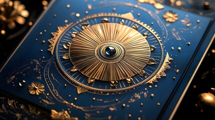 Intricate Gold Celestial Design with Blue Gemstone on Textured Navy Background