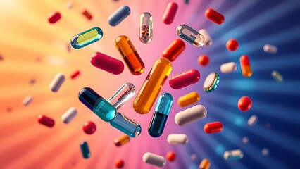 Vibrant floating vitamin capsules in a kaleidoscopic pattern against a radiant backdrop.