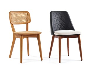 Two modern dining chairs, light and dark