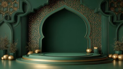 Luxurious 3D rendering product stage podium minimalist of an Islamic style arched